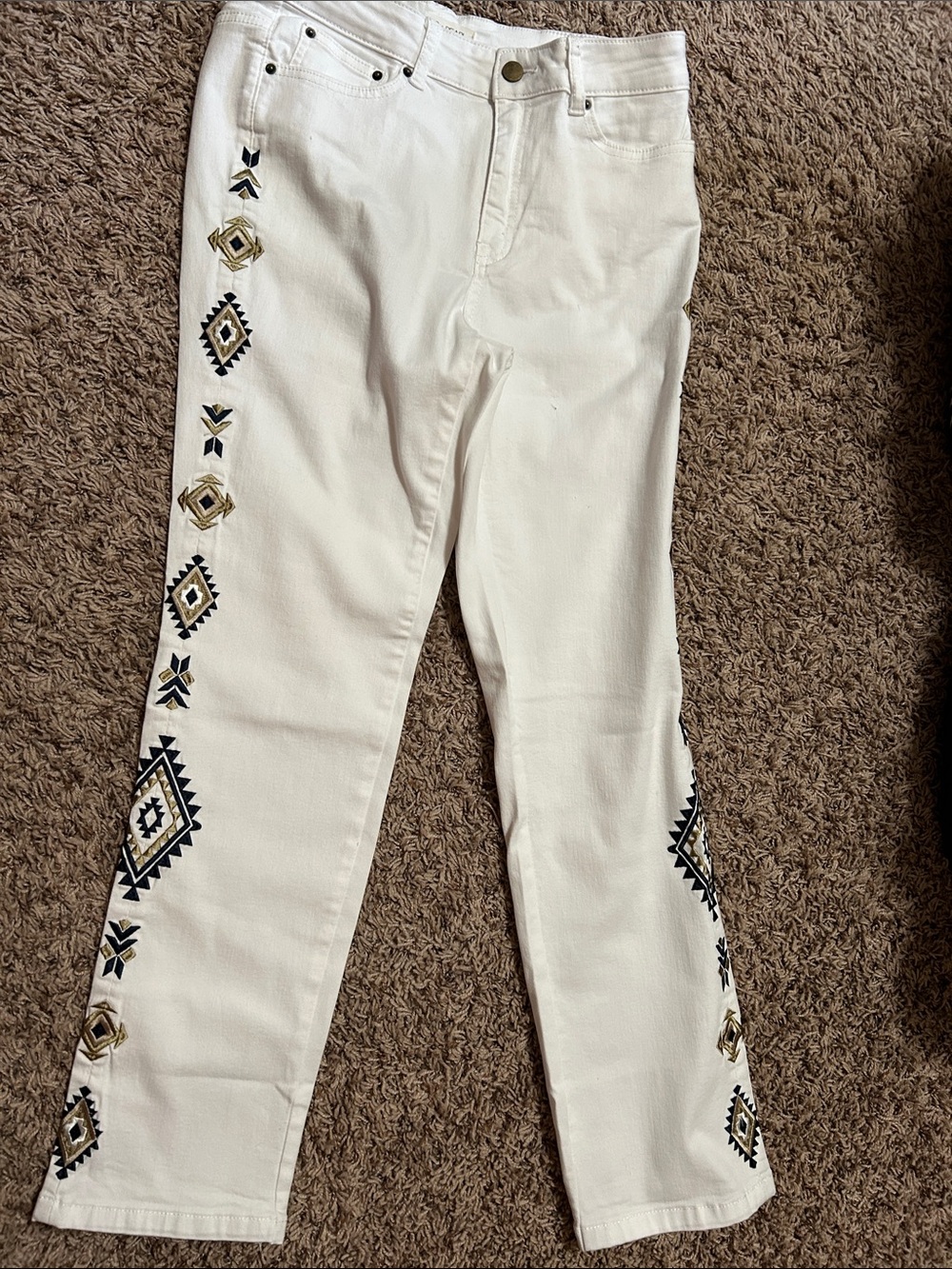Source Unknown White Straight-Leg Jeans with Black & Gold Geometric Embroidery